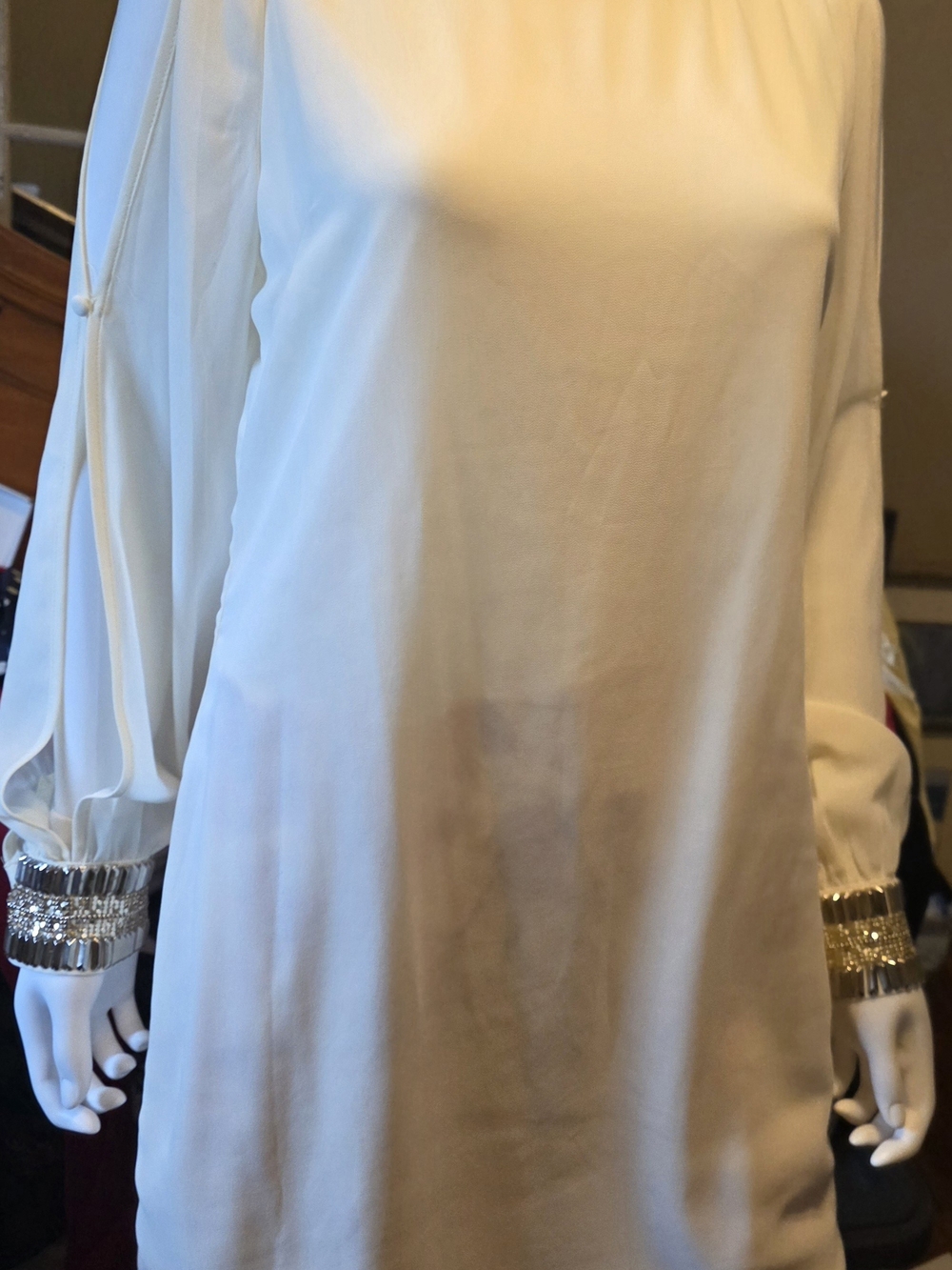 Elegant Cream Long-Sleeve Dress with Metallic Cuff Detail